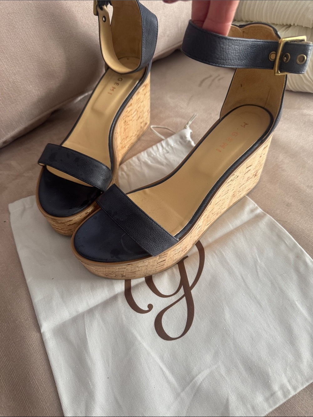M. Gemi Black Leather Cork Platform Wedge Sandals